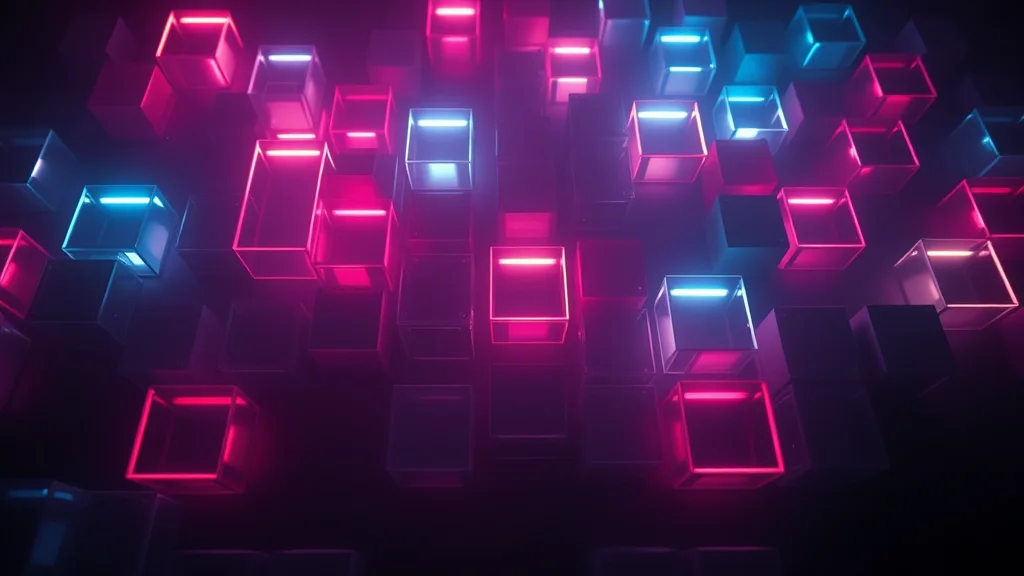 Bright and dim blocks of light collected together, neon on dark