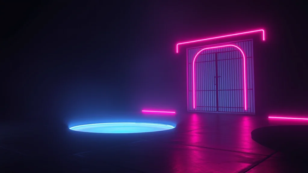 A small pool of light and a larger gated one, neon on dark