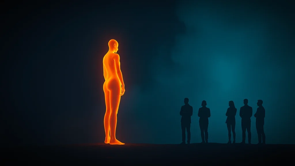 One warm form lit, others waiting in the dark, neon on dark