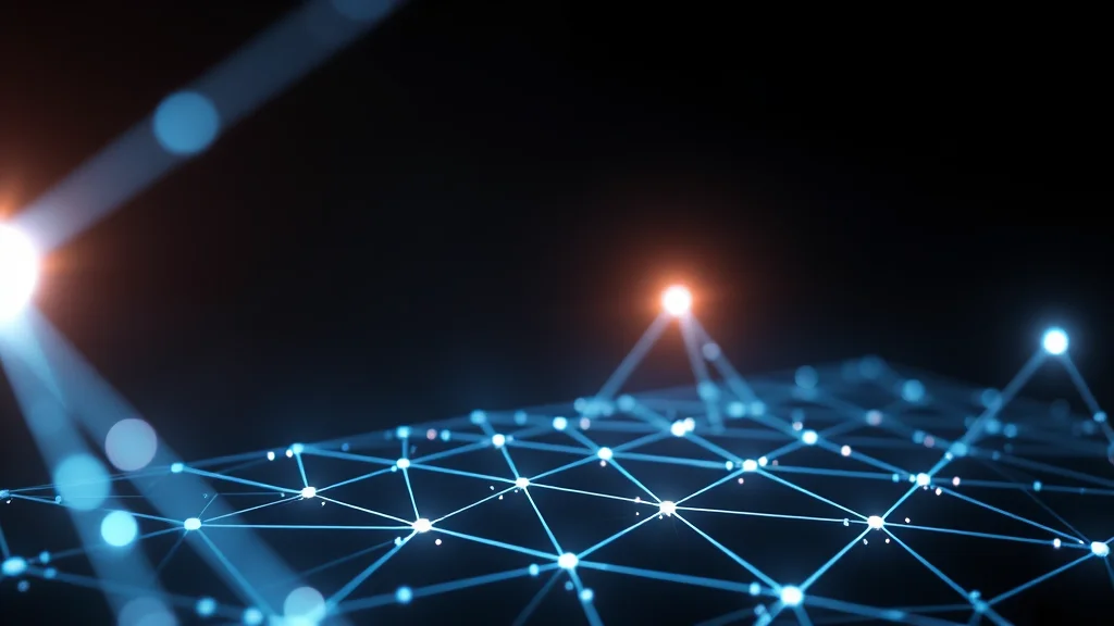 Abstract precise luminous lattice resolving to a node on dark, editorial concept