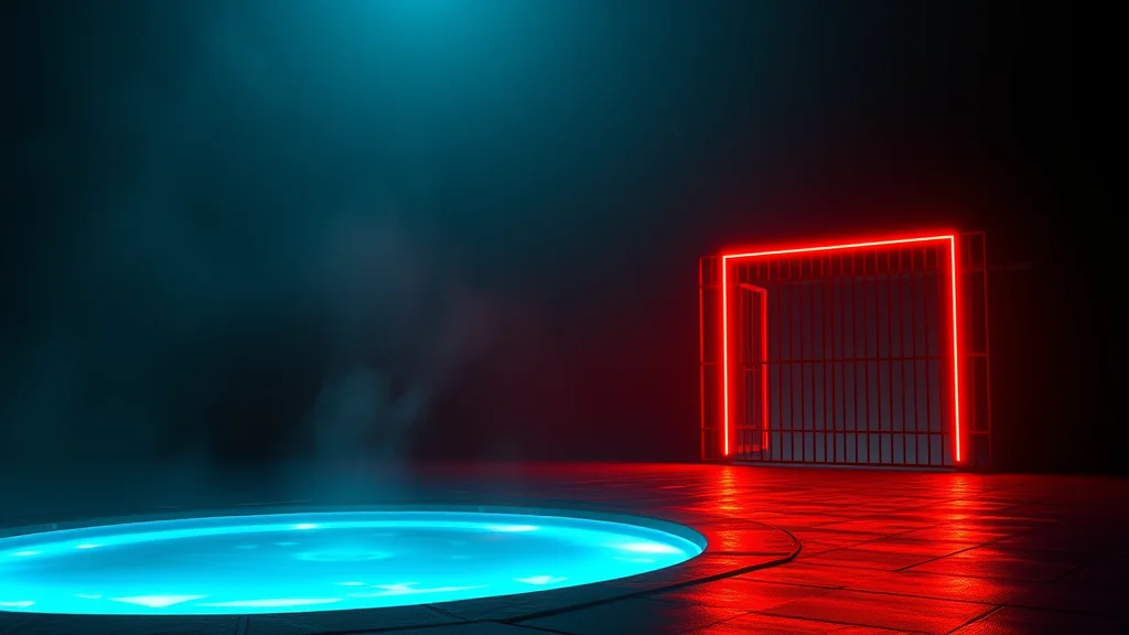A small pool of light and a larger gated one, neon on dark