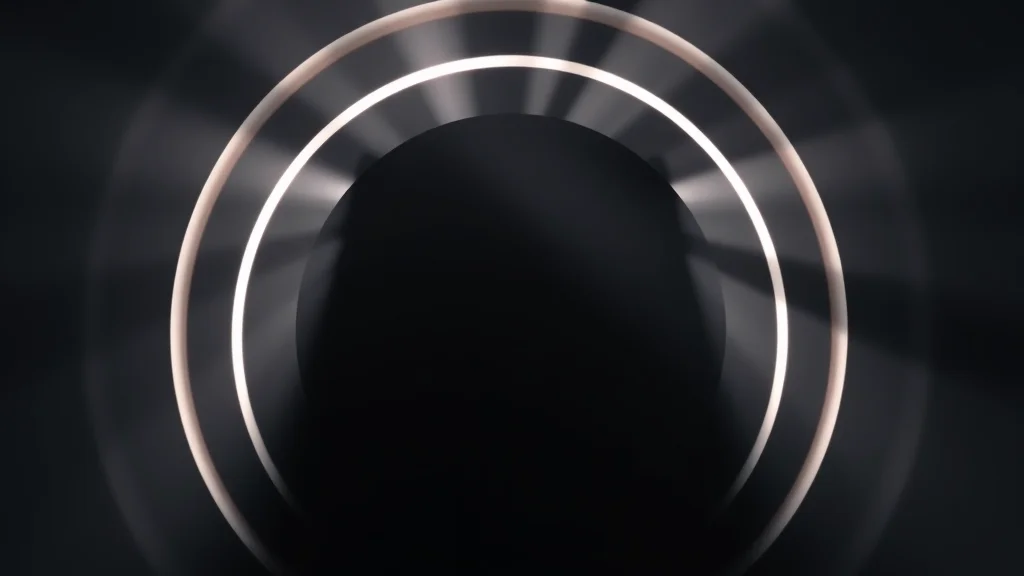 Abstract repeating rings of light passing a soft gate on dark, editorial concept