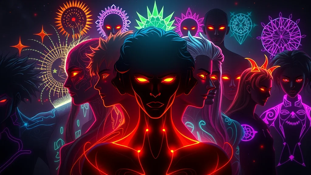 Many varied luminous personas spread across the dark, abstract character variety
