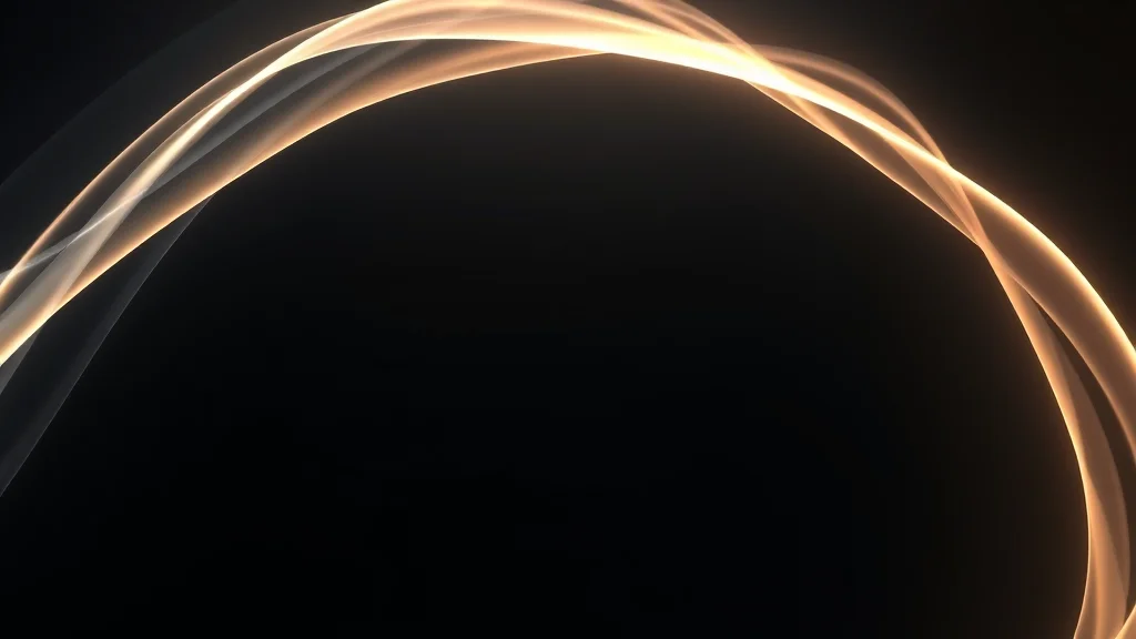Abstract two intertwined ribbons of light, one flowing one framed, on dark, editorial concept
