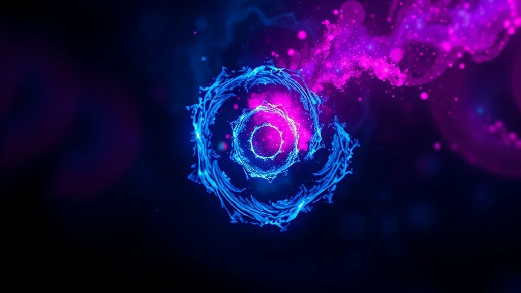 Abstract blue memory spiral meeting a magenta burst on dark