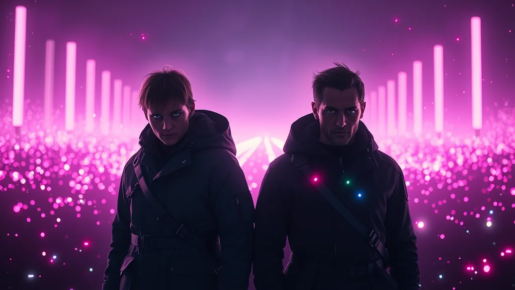 Two companion characters as fields of light, neon on dark
