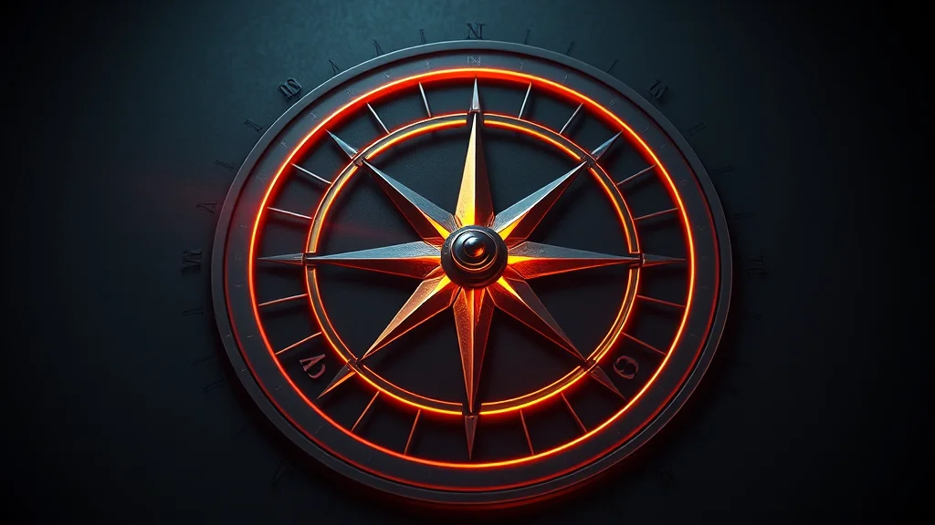Abstract glowing compass rose with a directional needle on dark, editorial concept