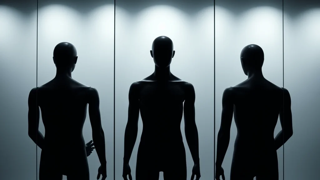 A turnaround grid of a faceless mannequin silhouette in three poses, abstract concept