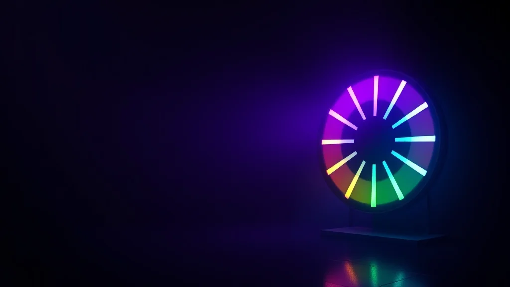 Film-look LUT gradient strips and a color wheel, glowing on dark