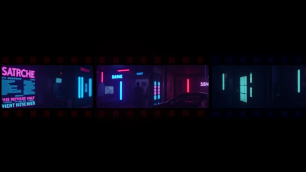 A film strip motif showing the same scene in different color grades, neon nodes on dark