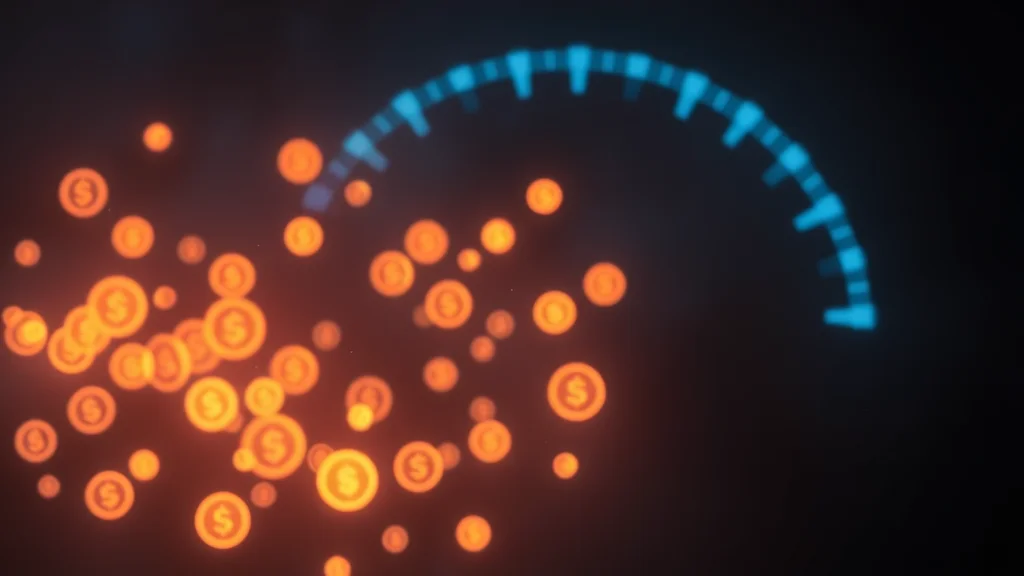 Abstract cluster of glowing token circles with a gauge arc on dark, editorial concept