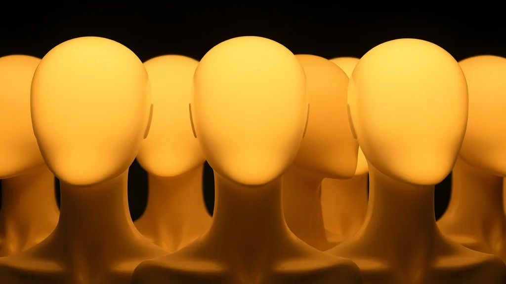 A respectful row of faceless neutral mannequin head silhouettes in varied tones, glowing on dark