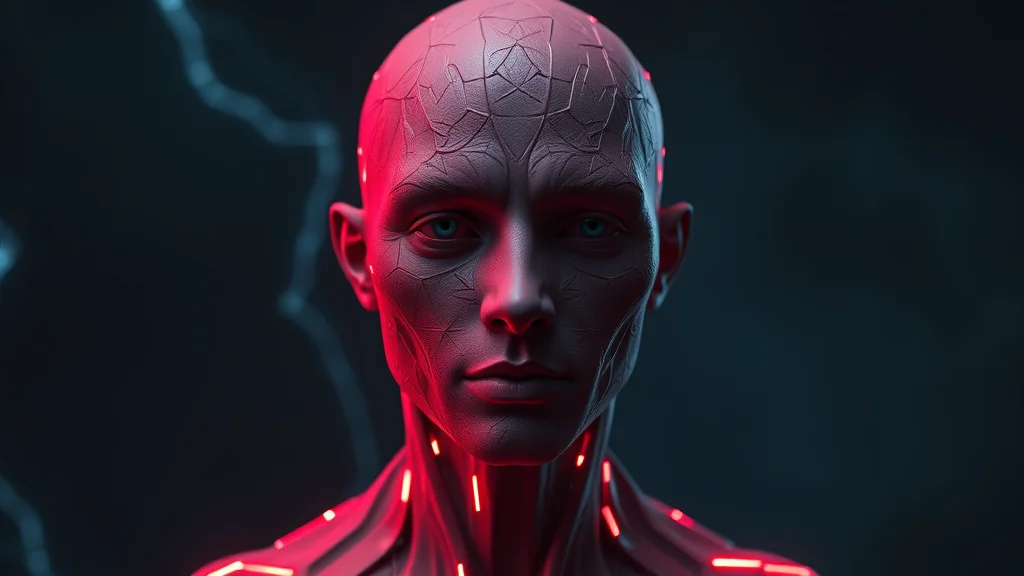 A clay to rendered img2img transition of a faceless figure, neon nodes on dark