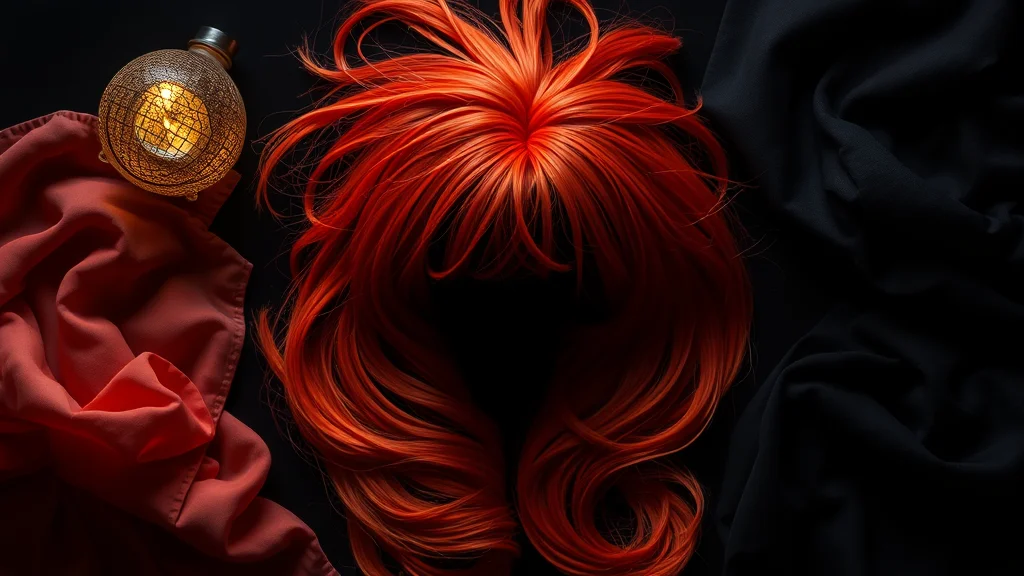 A flatlay of wig, props, and fabric swatches, glowing on dark