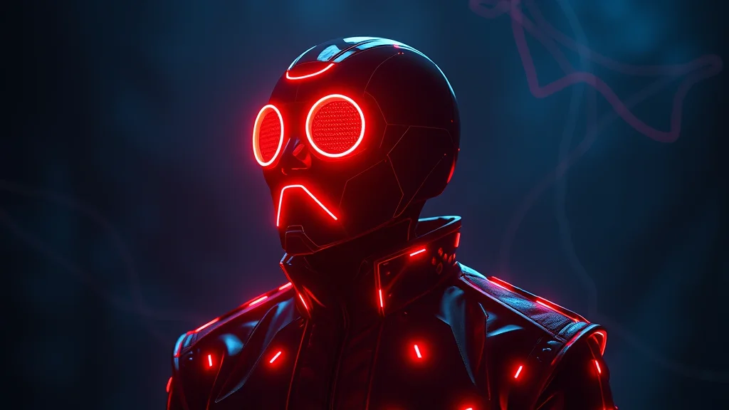 An original character costume turnaround layout, neon nodes on dark