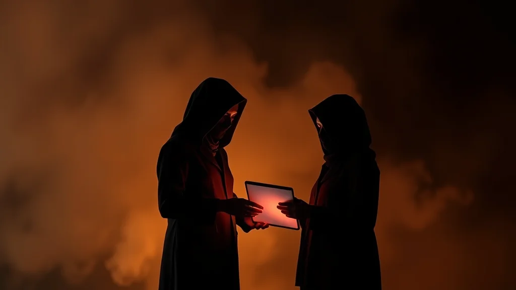 Two faceless silhouettes sharing a glowing tablet, abstract concept