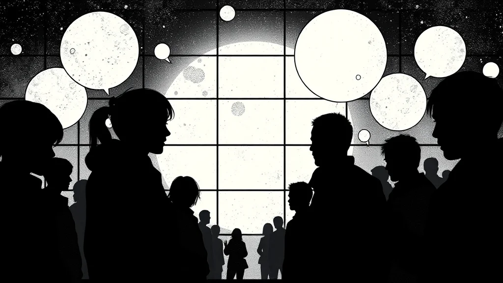 A manga panel grid with faceless silhouettes and blank bubbles, abstract concept