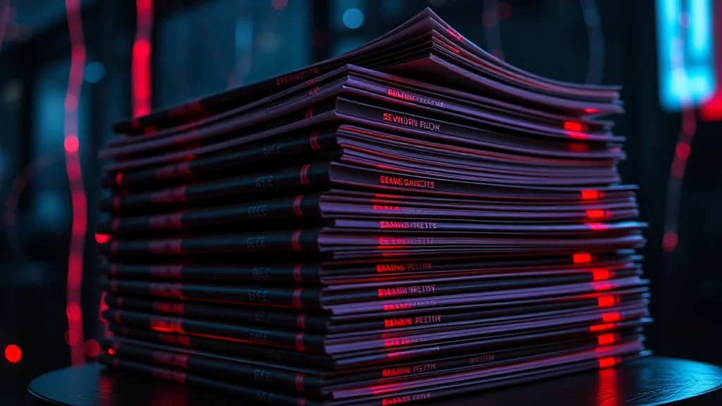 A stack of self-published doujin booklets, neon nodes on dark