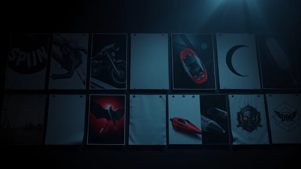 A print-on-demand product mockup grid of posters and totes, on dark
