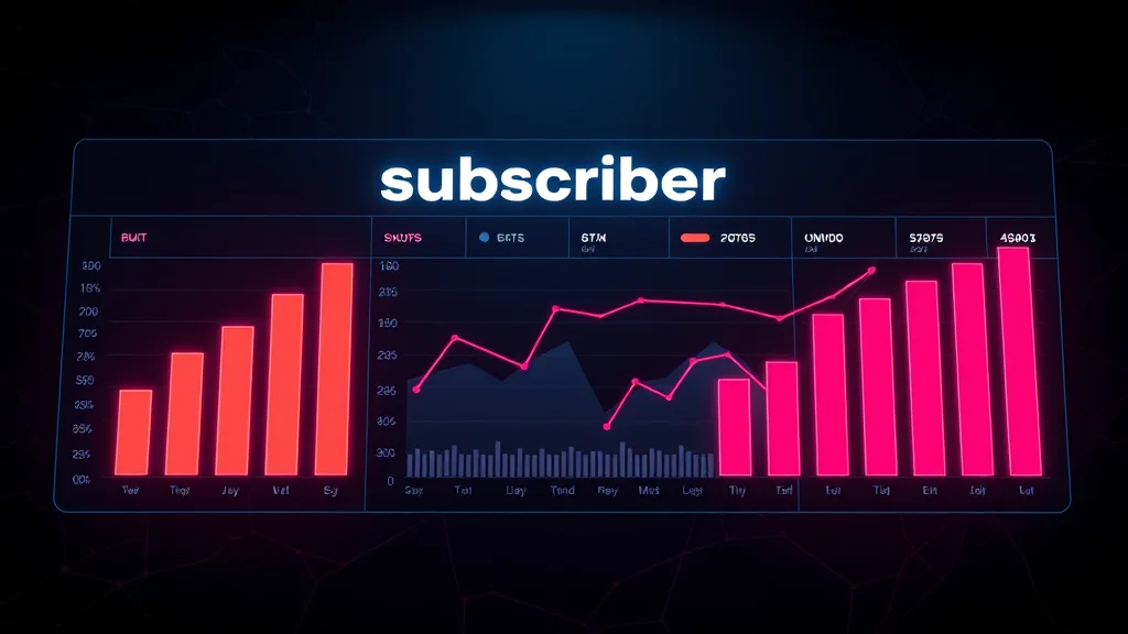 A subscriber growth dashboard motif with bars, neon nodes on dark