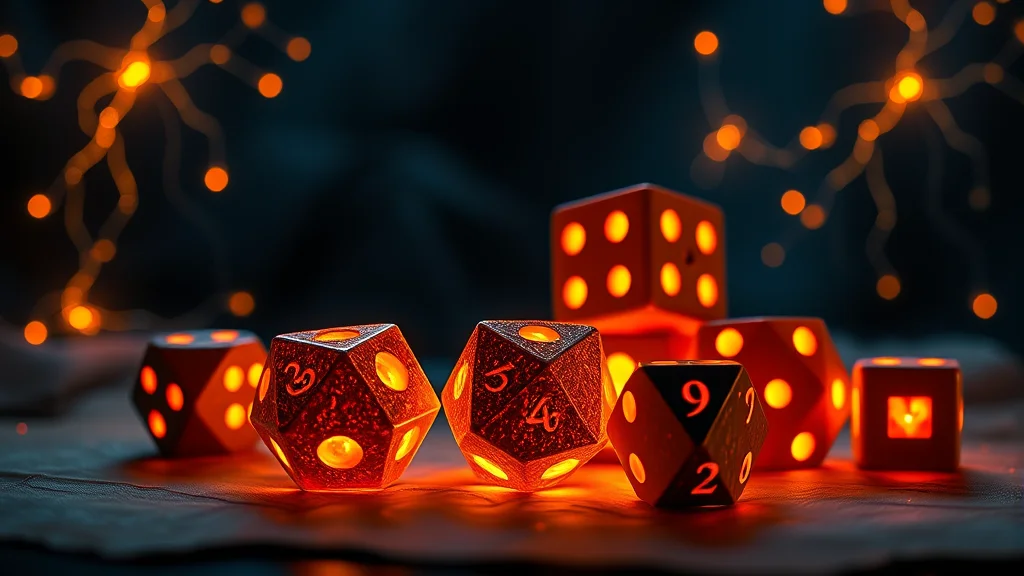 Polyhedral dice and parchment character sheets, neon nodes on dark
