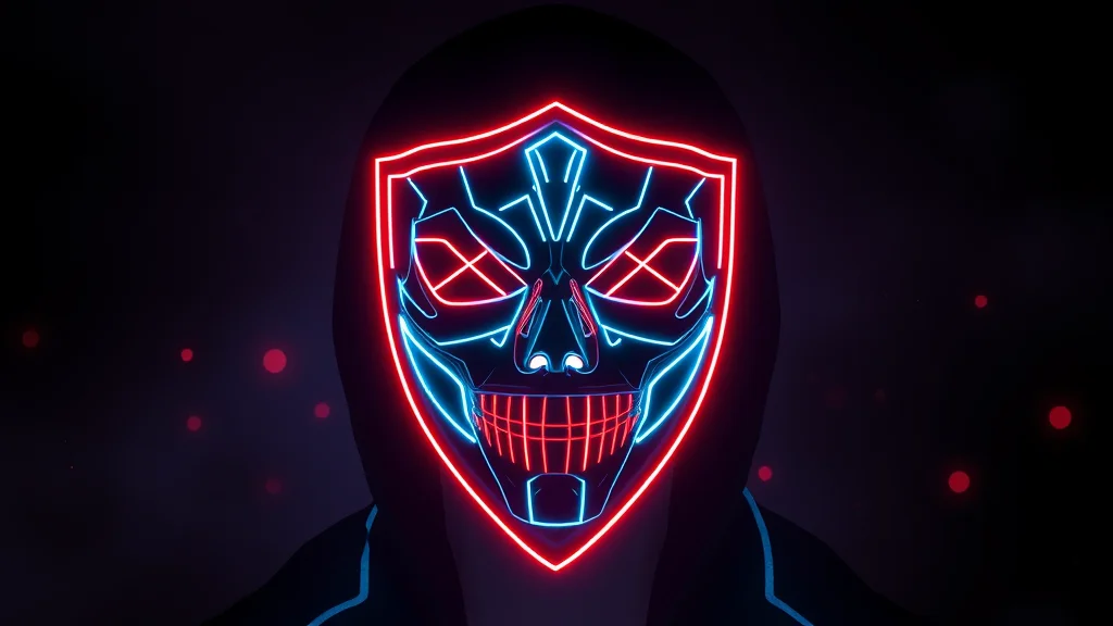 A persona mask and identity shield motif, neon nodes on dark