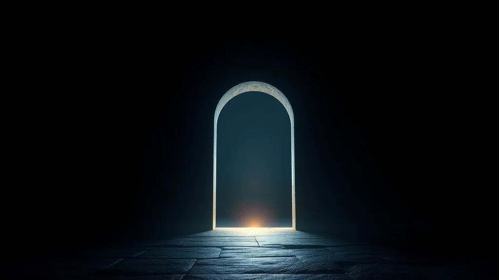 Abstract glowing key opening a luminous gateway on dark, editorial concept