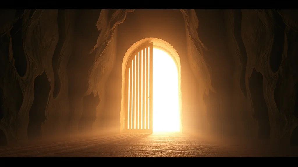 A soft gate revealing a bright sample beyond, abstract trial