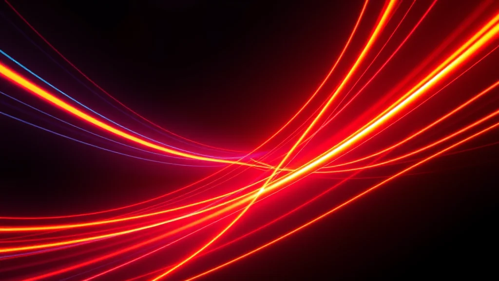 Cool and warm diverging light trails on dark, neon on dark