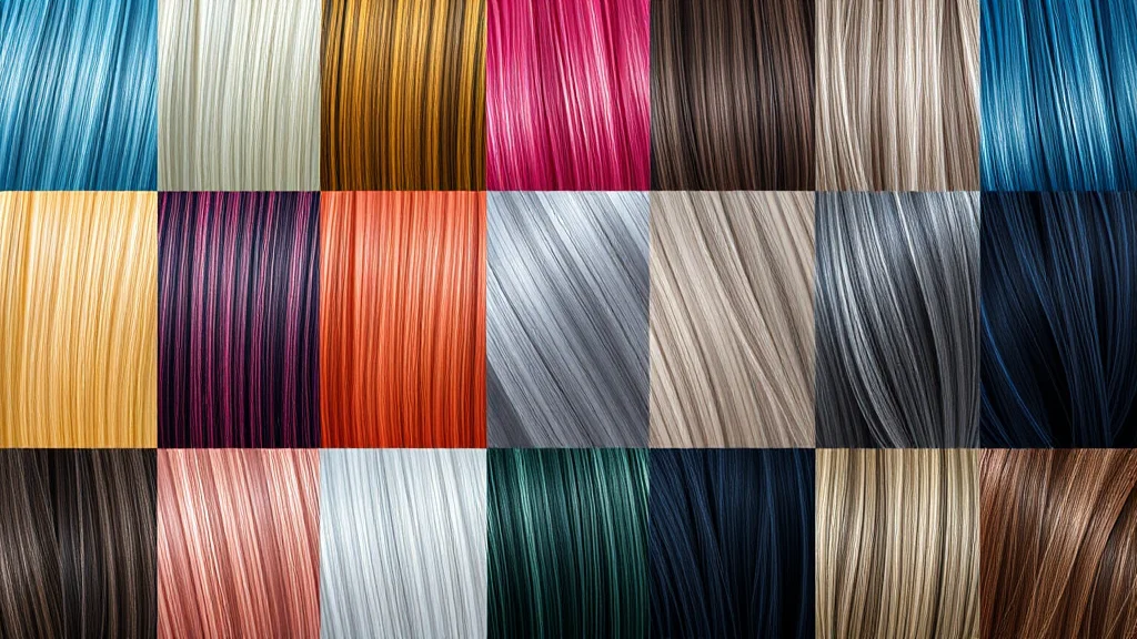 A grid of hair color and texture swatch samples, abstract concept