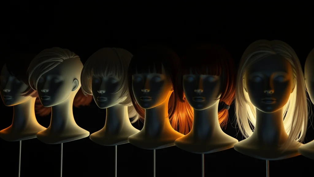 Faceless mannequin heads with different hairstyle wigs in a row, glowing on dark