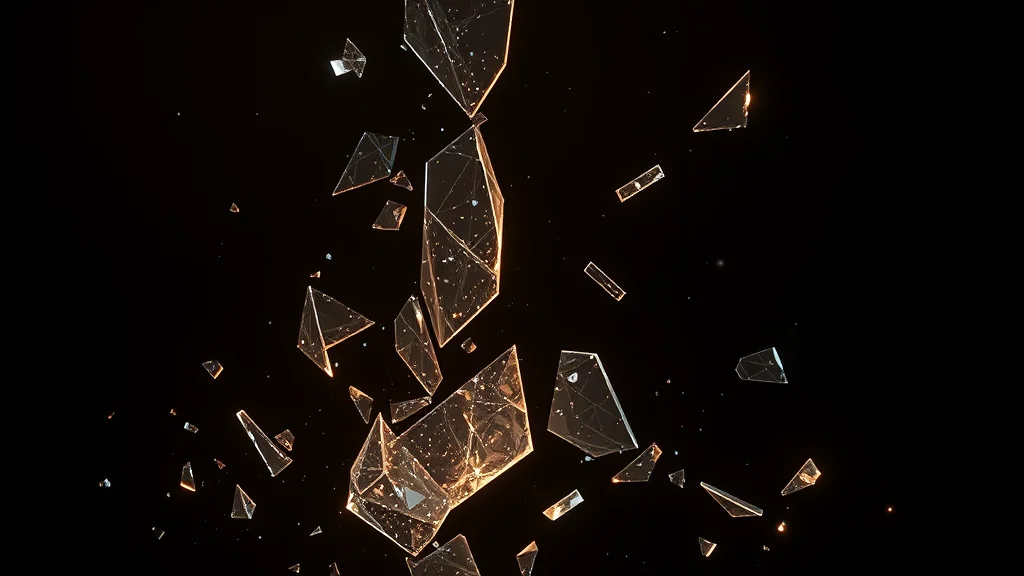Abstract broken luminous shards reassembling into clean geometry on dark, editorial concept