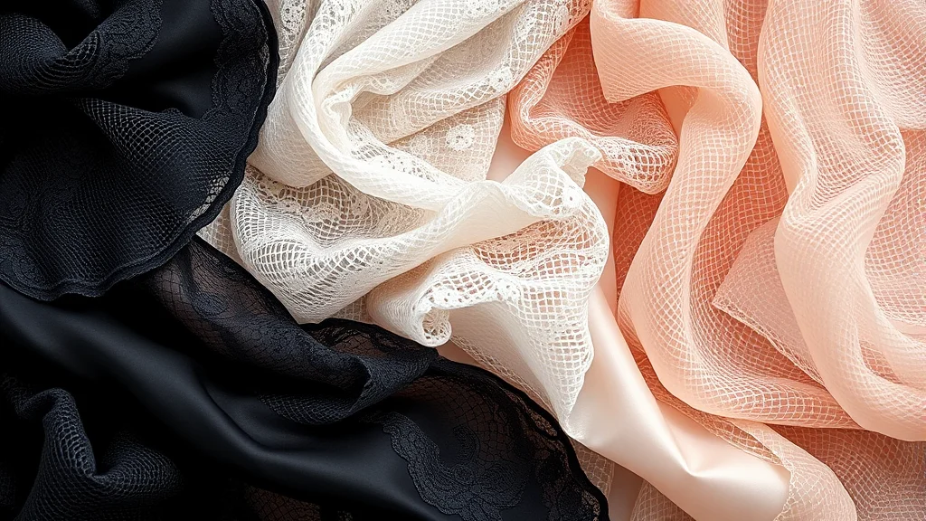 A flatlay of lace satin and mesh fabric swatches, abstract concept