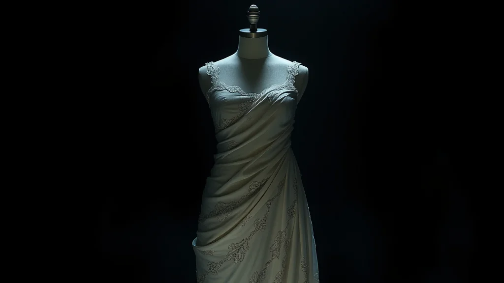 An empty faceless dress form with abstract draped lace, glowing on dark