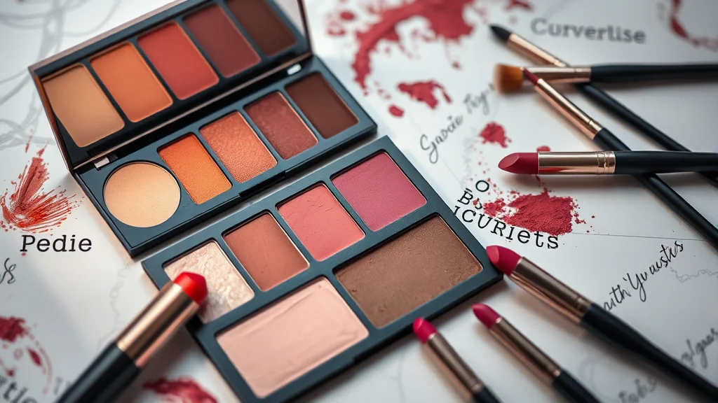 A flatlay of eyeshadow palettes lipstick and brushes, abstract concept
