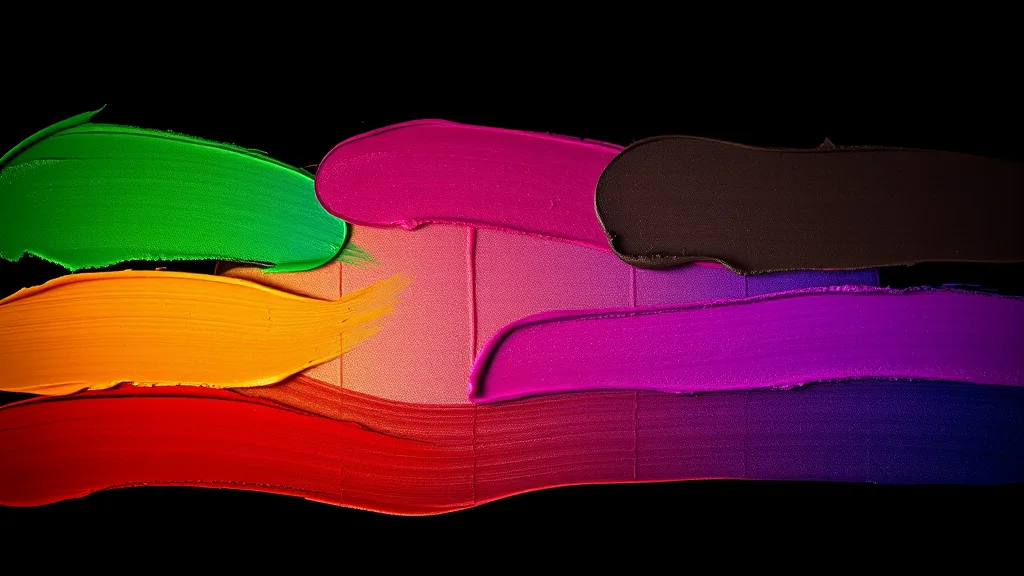 Cosmetic color swatch smears in a grid, glowing on dark