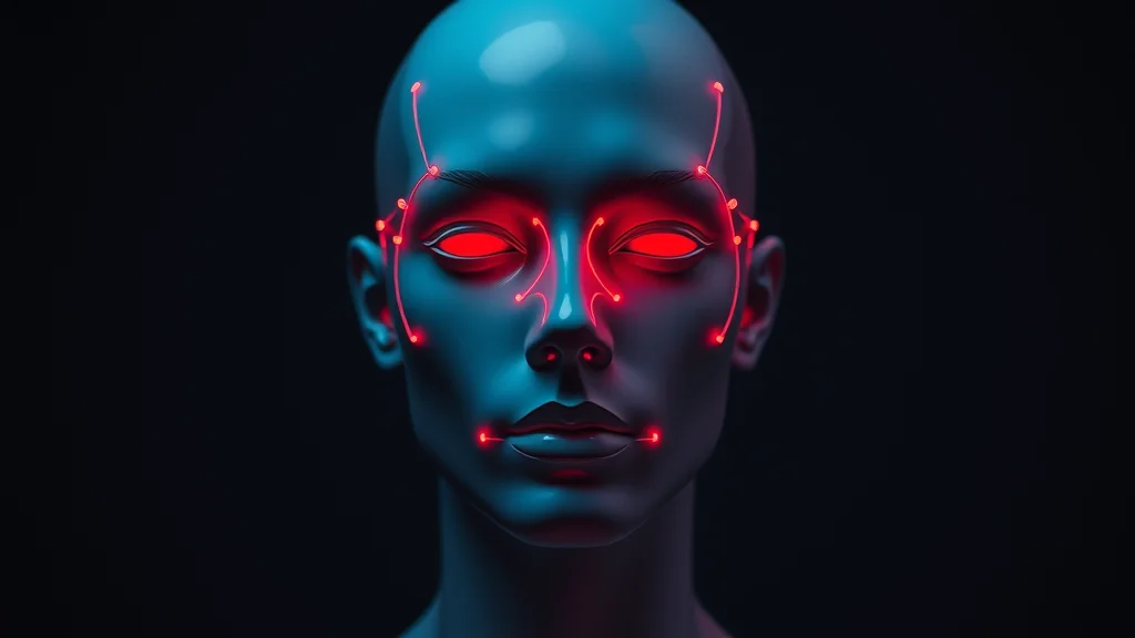 A faceless mannequin face with abstract makeup zones marked, neon nodes on dark