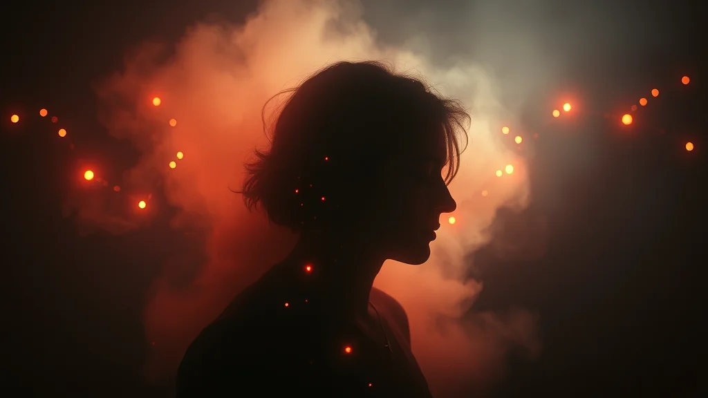 A faceless silhouette dissolving into soft haze and grain, neon nodes on dark