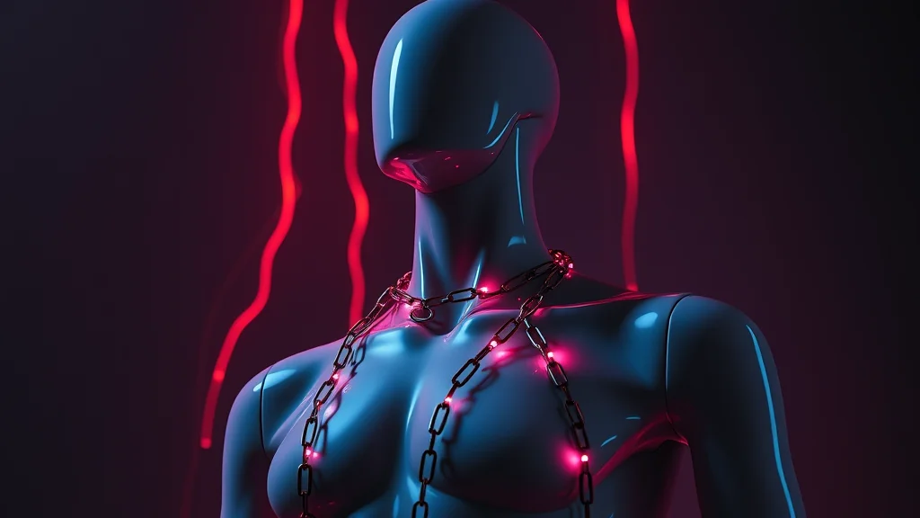 A faceless mannequin bust wearing abstract body chains, neon nodes on dark
