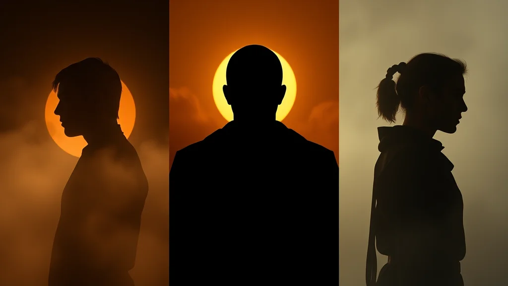 A triptych of one faceless silhouette in three art styles, abstract concept