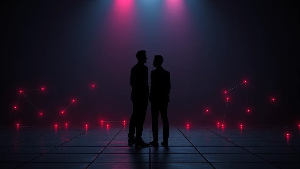 A two-silhouette scene blocking layout on a shot grid, neon nodes on dark