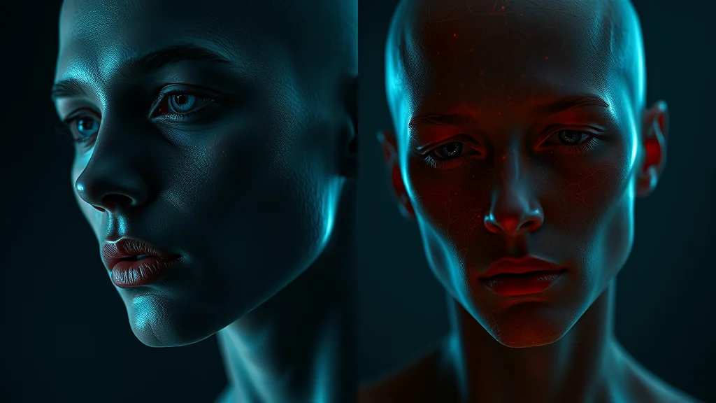 A comparison of realistic detailed skin versus flat plastic skin samples, glowing on dark