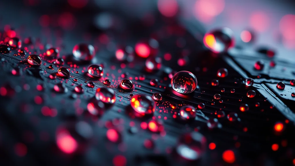 Macro droplets and dewy sheen on a surface material study, neon nodes on dark