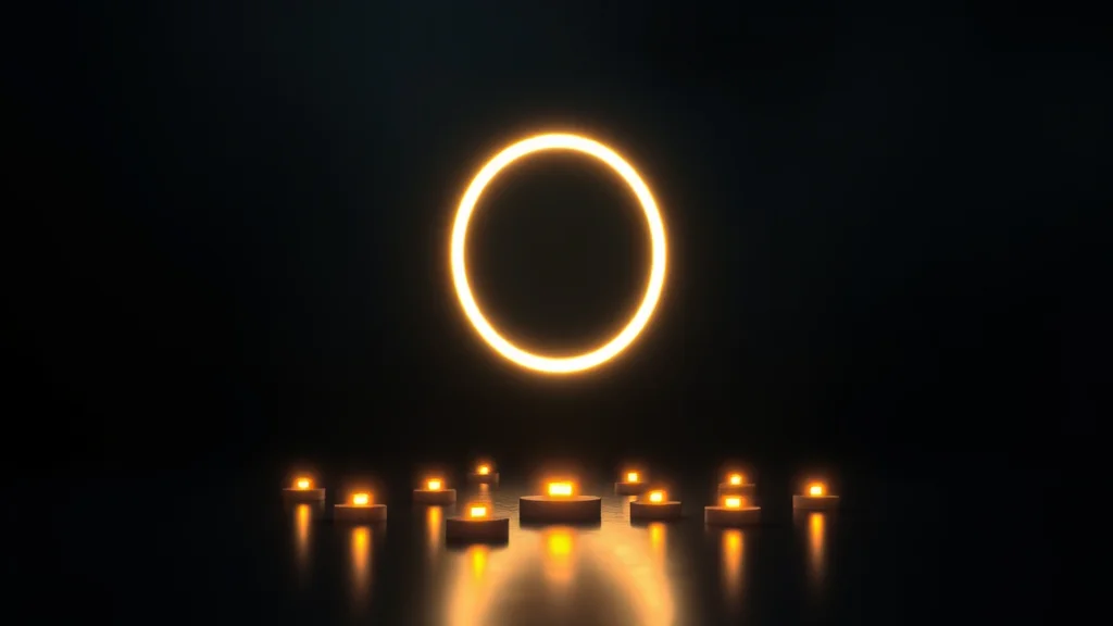 Abstract glowing loop beside separate luminous tokens on dark, editorial concept