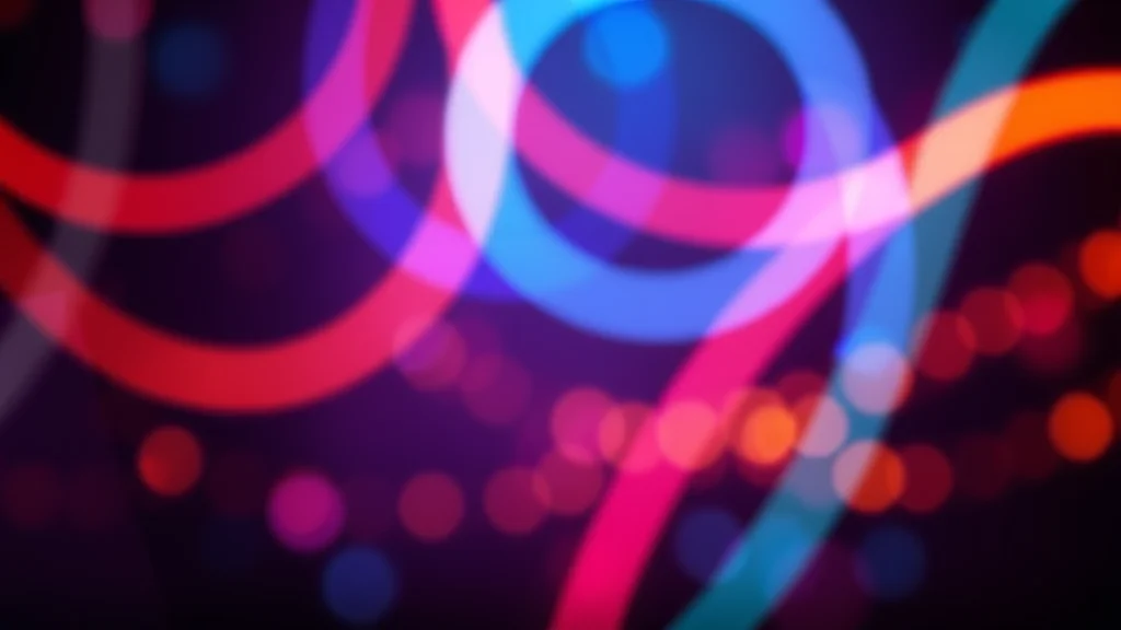 Loop and dots of light on dark, neon on dark