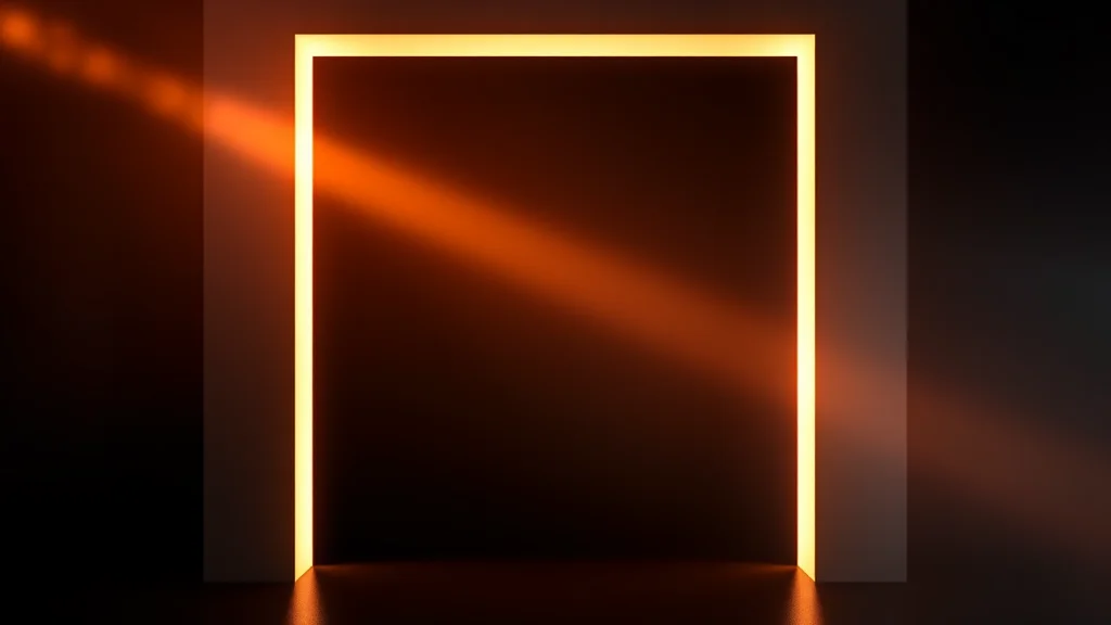 Abstract empty frame resolving into soft glowing light, on dark