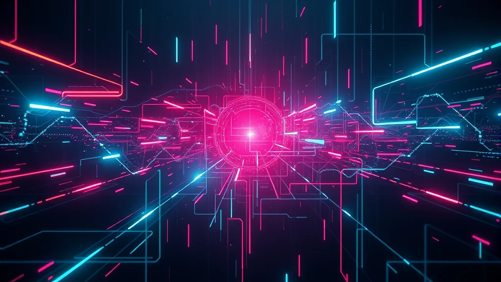 Glitch resolving into a clean lattice, neon on dark