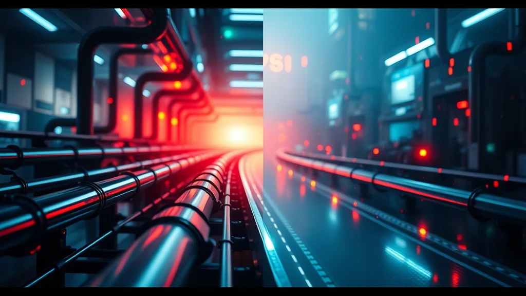 A split screen of a small fast pipeline and a larger detailed one, abstract concept