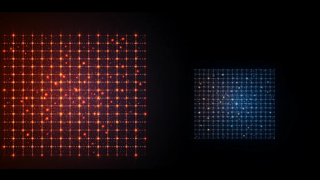 Two resolution grids of different sizes side by side, glowing on dark