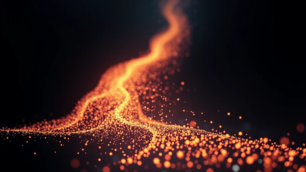 Abstract stalled particle queue starting to flow, glowing on dark